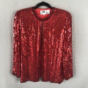 Nite Line Jacket Womens Medium Red Sequin Silk Beaded Open Front Party Top 90s